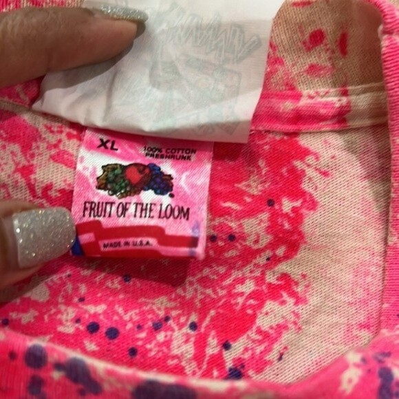 VTG Surf Mania Fruit of the Loom Neon Pink, Green Palm Tree Splatter T-shirt - Picture 9 of 9